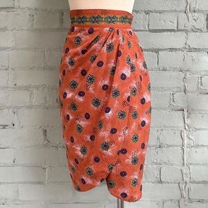 Vintage Orange Floral Patterned Sarong Wrap Skirt